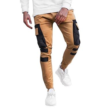 Imagem de Calça cargo masculina casual para homens patchwork cordão cintura elástica joggers moda ajuste solto calças ao ar livre, Caqui, G