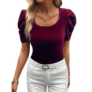 Imagem de SOLY HUX Camisetas femininas de veludo de manga curta e gola redonda, Vinho puro, P