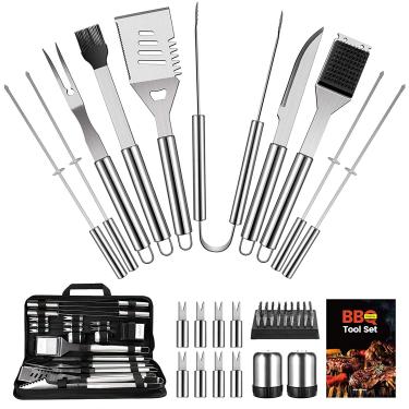 Imagem de Conjunto de acessórios de churrasqueira OlarHike para homens, conjunto de acessórios de grelha de 22 peças, utensílios de churrasco de aço inoxidável com espátula, pinças, espetos para churrasco, acampamento, cozinha