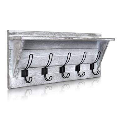 Imagem de Prateleira rústica montada na parede - Prateleira de entrada de madeira estilo country de 61 cm com 5 ganchos rústicos - Madeira de pinheiro sólida. Toque perfeito para sua entrada, lavatório, cozinha, banheiro e muito mais (branco)