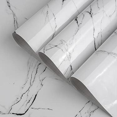 Imagem de Papel de parede brilhante para bancada de granito mármore branco à prova d'água grosso 40,6 x 1,79 cm papel de parede autoadesivo para cozinha, banheiro, armário, prateleira, forro de vinil decorativo