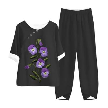 Imagem de Conjunto de 2 peças de linho para mulheres 2024 verão plus size manga curta Alzheimer camisa para idosos calça capri jogger conjuntos, Za1 - preto, 4X-Large