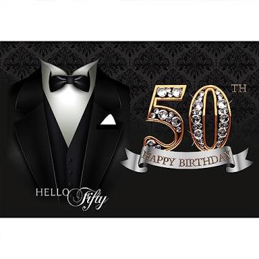 Imagem de DORCEV Pano de fundo para fotografia de feliz aniversário de 50 anos de 3 x 2,4 m para homens, decorações de 50 anos, roupa de fundo, terno de smoking, pano de fundo, homem, cavalheiro, material de