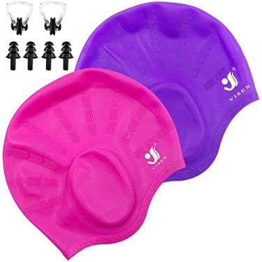 Imagem de Toucas de natação unissex, 2 unidades de toucas de natação de silicone para cabelos curtos/longos com tampões de ouvido e clipe de nariz, chapéu de natação flexível à prova d'água para mulheres,