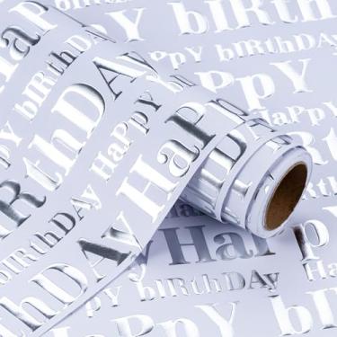 Imagem de WRAPAHOLIC Rolo de papel de embrulho de aniversário Kraft 3D - Mini rolo - 43 cm x 40 cm - Design de letras de feliz aniversário prata e branco com relevo, perfeito para férias, celebração de festa