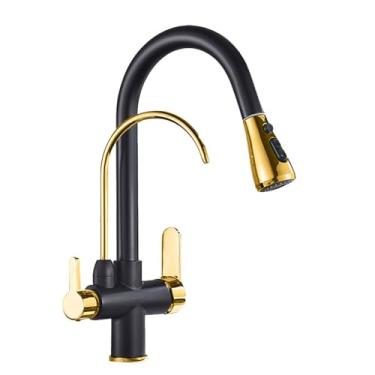 Imagem de Torneira de cozinha com filtro, latão níquel escovado, torneira de cozinha com água pura, estilo pull out, torneira de cozinha giratória, quente e fria, preto dourado