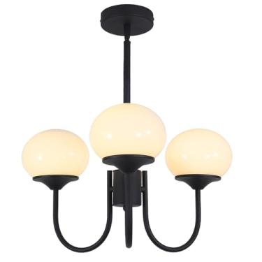 Imagem de Flyrose Lustre De Iluminação Moderno De Meados Do Século, Lustre De Vidro Leitoso De 3 Luzes, Lustre De Globo Fosco, Luminária, Lustre Preto, Luminária De Sala De Jantar De Fazenda