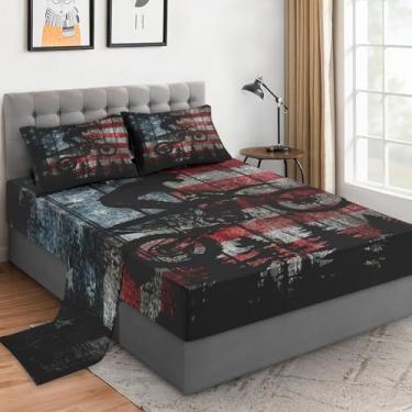 Imagem de WeCozy Jogo de lençol Queen Size com fronhas, bandeira americana, vintage, motocross, 4 peças, roupa de cama de microfibra macia para crianças e adultos, lençol com elástico para decoração de cama de
