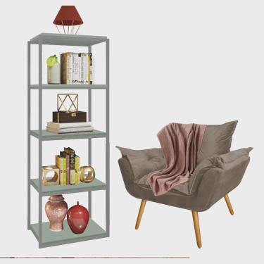 Imagem de Kit Poltrona Fatte com Manta Soft Salmão e Estante Livreiro Ferro Cinza mdf Verde Oliva Suede Bege - Ahz Móveis