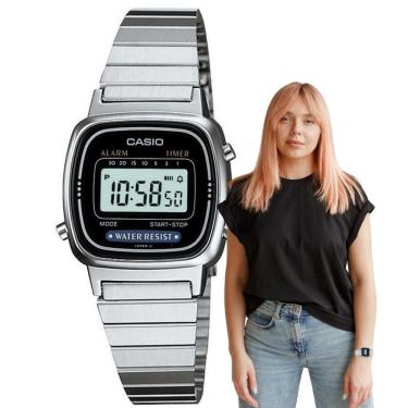 Imagem de Relógio de Pulso Casio Feminino Vintage Resistente Àgua Alarme Cronometro Quartz Pequeno Mini Aço Inox Quadrado Digital Prata LA670WA-1DF