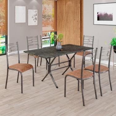 Imagem de Conjunto Sala De Jantar Mesa Retangular 140x75cm Tampo Pedra Ardósia Indiana 6 Cadeiras Paraty C. Marrom - Mart Prata