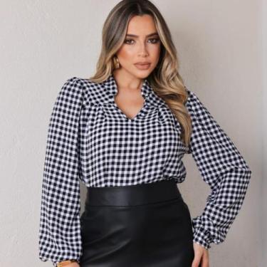 Imagem de Blusa Xadrez Feminina Manga Longa Bufante Gola V - G-Store, Branco, G