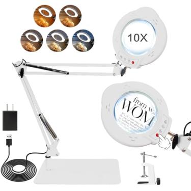 Imagem de Amdmotan Luminária De Mesa 2 Em 1 Com Braçadeira, Lupa 10X Com Luz E Suporte, 5 Modos De Cor, Luminária De Mesa Led Regulável Em 10 Níveis De Brilho, Braço Oscilante Ajustável De 14,5 Polegadas Para