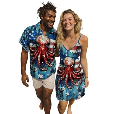 Imagem de DRESSFO Roupas havaianas combinando com estampa de polvo gótico, decote em V, alças finas, vestido ou camisas de manga dobrável, Azul, feminino, X-Large