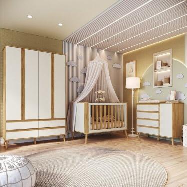 Imagem de Quarto De Bebê Completo Guarda Roupa 4 Portas Cômoda E Berço Minicama Luly 100% Mdf Espresso Móveis Branco