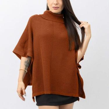 Imagem de Poncho Casaco Capa Kimono Vestido Feminino Tricot Texturizado Gola Alt