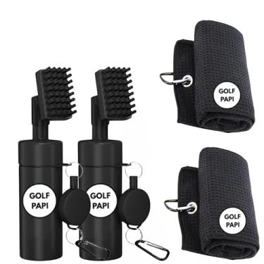 Imagem de GOLF PAPI Kit de escova de limpeza de taco de golfe [pacote com 2 - preto] - Ferramentas de limpeza de golfe com spray de água, garrafas, toalhas, capas de escova e clipes de 142 g - Acessórios