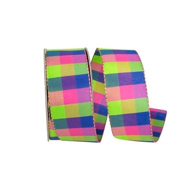 Imagem de Reliant Ribbon Celine Check Ticking Fita de borda com fio, cítrico/fúcsia