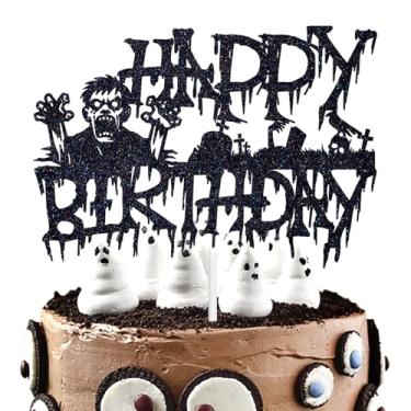 Imagem de Zombies Happy Birthday Cake Topper, Horror Monster Zombies Cake Decor, Spooky Halloween Themed Birthday Anniversary Party Supplies for Kid’s Men Women, Black Glitter