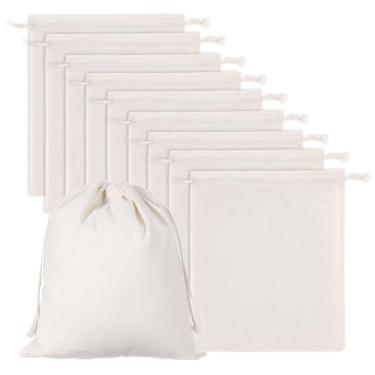 Imagem de 10 unidades de sacos de produtos reutilizáveis, saco de pão de linho natural de 30,5 x 25,4 cm, sacos de musselina com cordão, tecido lavável extra grande bolsa de presente de pano de lona multiuso