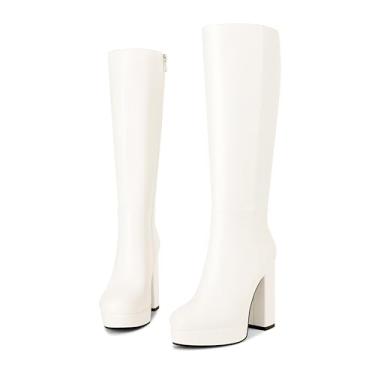 Imagem de zhsrin Botas de cano alto plataforma femininas com salto grosso, bico redondo, zíper lateral, Branco, 36