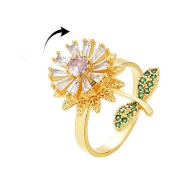 Imagem de Anel giratório giratório de flores para mulheres, banhado a ouro, cristal, floral, ansiedade, zircônia, girassol, margarida, aberto, ajustável, eternidade, compromisso, joia moderna para alívio do