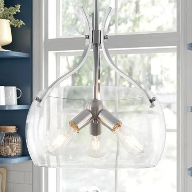 Imagem de ZLNIDJIA Lustre de vidro industrial de 39,9 cm, lustre grande de fazenda de 3 luzes, luminária pendente de níquel escovado com sombra de vidro para sala de jantar, pia de cozinha, corredor, entrada