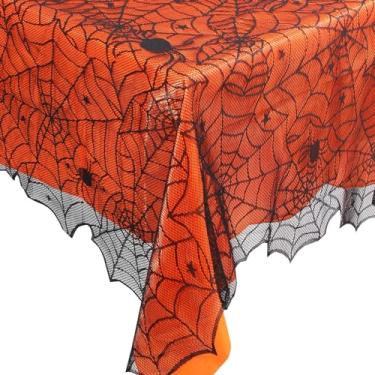 Imagem de DEYIXUN 2 toalhas de mesa de Halloween, toalha de mesa retangular forrada de renda preta e laranja, capa de mesa de teia de aranha para decorações de mesa de festa de Halloween assustadoras em