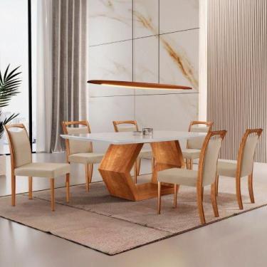 Imagem de Mesa Ane 180 Tampo Com Vidro Laqueado Com 6 Cadeiras Livia Linho Premu