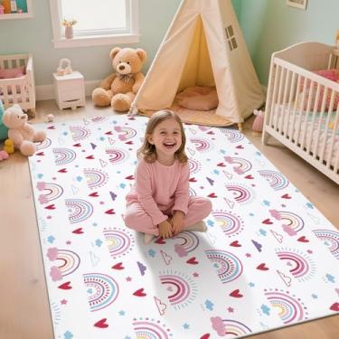 Imagem de Tapete de área de 12 x 18 cm para sala de jogos infantil, tapete decorativo macio e fofo, tapetes de área de pilha baixa laváveis arco-íris para sala de estar, quarto de meninas, berçário, creche (1,5