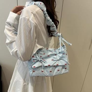 Imagem de Bolsa de ombro feminina com laço, bolsa axila de lona floral, bolsa transversal plissada moderna, bolsa tiracolo leve estilo vintage, Azul