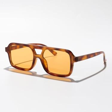 Imagem de Óculos de sol aviador quadrados de ponte dupla para homens e mulheres, moderno, retrô, com proteção para dirigir, viajar ao ar livre, Armação listrada marrom/lente amarela, Lens Width: 53 Millimeters