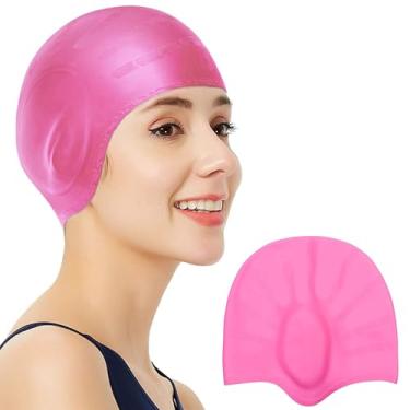 Imagem de Touca de natação de tecido para adultos, homens e mulheres, com camada de silicone à prova d'água, leve, confortável, touca de natação para piscina, praia, colo de natação, presente ideal para