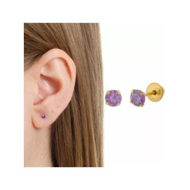 Imagem de Brinco Ouro 18k 750 Infantil Pedra Redonda De 3mm Lilás Roxo - ZELLO J