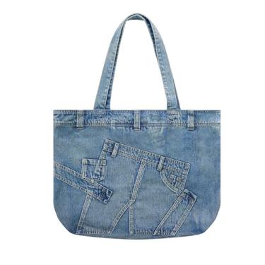 Imagem de GJHFCXSO Bolsa Feminina Vintage Em Jeans Estilo Y2k Modelo Tote Moderna Patchwork Grande para Usar No Ombro Ou Como Bolsa De Mão com Botão,Blue