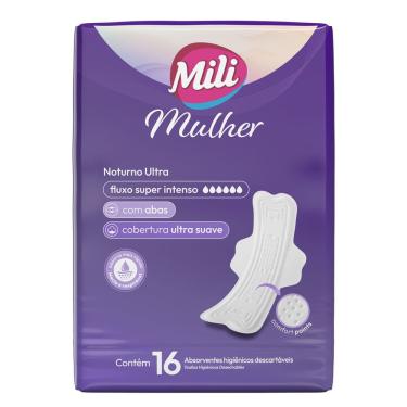 Imagem de Absorvente Mili Mulher Noturno Discreto Fluxo Super Intenso Ultra Suave com Abas 16 Unidades