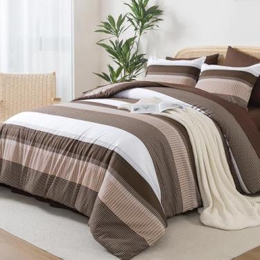 Imagem de Andency Conjunto de edredom king size marrom – 7 peças, listrado, leve em uma bolsa, microfibra macia reversível, jogo de cama com edredom, lençol de cima, fronhas e fronhas