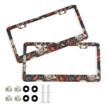 Imagem de SEHANY Molduras de placa de carro vintage rosa crânio, capas de alumínio à prova de ferrugem com furos elípticos e parafusos serve para veículos padrão dos EUA tamanho acessórios de carro para