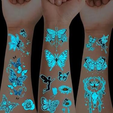 Imagem de 12 folhas de adesivos de tatuagem de borboleta luminosa azul, fada de borboleta que brilha no escuro, flor, rosa, padrões de margaridas, tatuagem temporária de papel para boate, festival de música