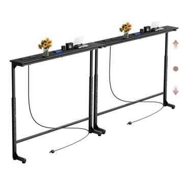 Imagem de Keelian Mesa de console estreita de 178 cm com tomada, altura ajustável (63,5 cm a 94 cm) atrás da mesa de sofá, sofá atrás da mesa skinny, prateleira de sofá com estação de carregamento, mesas de