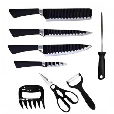 Imagem de Conjunto de Facas Profissional 8 Peças, Aço Inoxidável, Cabo Preto, com Cutelo 33cm, Faca Chef 32.5cm, Tesoura, Garra e Amolador