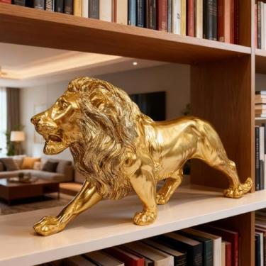Imagem de Estatua Leão Decorativa enfeite Sala luxo escritorio Dourado brilhante super premium