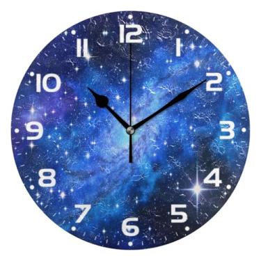 Imagem de JUZIHAI Relógio de parede com galáxia azul, silencioso, redondo, sem tique-taque, operado por bateria, fácil de ler, relógio decorativo de parede para casa, cozinha, sala de estar, quarto, escritório