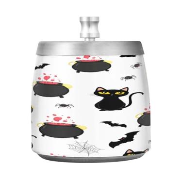 Imagem de Qilmy Cinzeiro de aço inoxidável com tampa para gatos de Halloween - Cinzeiro de cigarro à prova de vento sem cheiro sem fumaça para casa, escritório, carro, pátio, varanda (uso interno e externo)