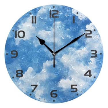 Imagem de Qilmy Relógio de parede pequeno moderno Blue Sky 25 cm, operado por bateria, silencioso sem tique-taque, relógio analógico decorativo para escritório em casa, escola, quarto, banheiro e cozinha, fácil