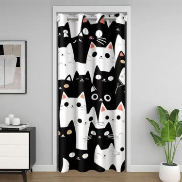 Imagem de jejeloiu Cortina de porta de gato preto e branco para privacidade de porta 86 x 203 cm 1 painel capa de armário infantil fofo gatinho meninos meninas adolescentes desenho animado animais cortina