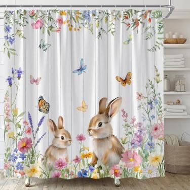 Imagem de AMFD Cortina de chuveiro coelho da páscoa coelho primavera coelho aquarela planta floral flor borboleta conjunto de tecido decorativo inclui ganchos, (177.8 cm WX70 H)