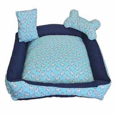 Imagem de Cama Pet Onix Lavável com Zíper, 100% Algodão, Fundo Impermeável, 40x40x15cm, Enchimento em Flocos de Espuma, Azul Tiffany e Azul Marinho, Unicórnio