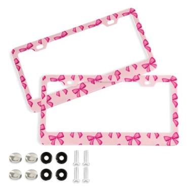 Imagem de SEHANY Lindas molduras de placa de licença de laço rosa, moldura de placa de carro de alumínio à prova de ferrugem com orifícios elípticos e parafusos serve para veículos padrão dos EUA tamanho