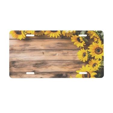 Imagem de Placa de licença floral de madeira de girassol para placas dianteiras de carro alumínio metal adequado para caminhão placa de porta de carro bar café acessórios automotivos para homens mulheres 15 x